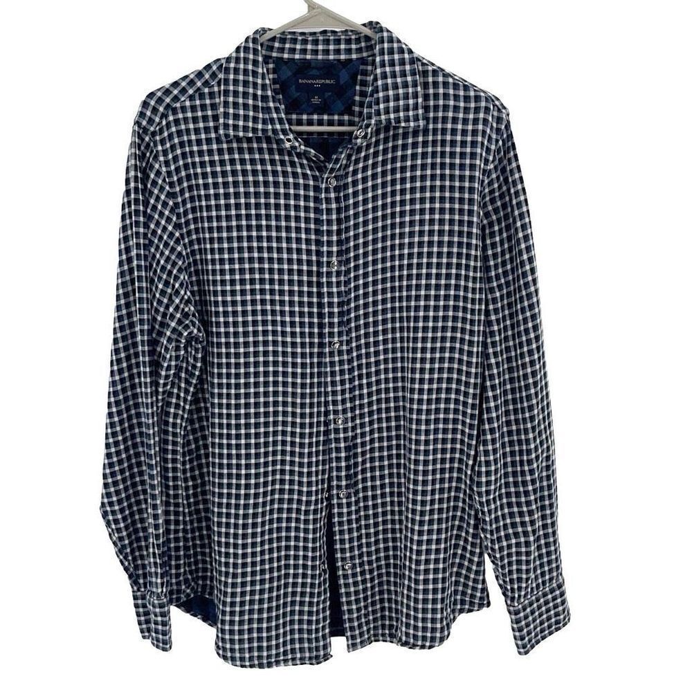 Banana Republic Mens Plaid Cotton Snap Button Long Sleeve Shirt‎ Blue Medium